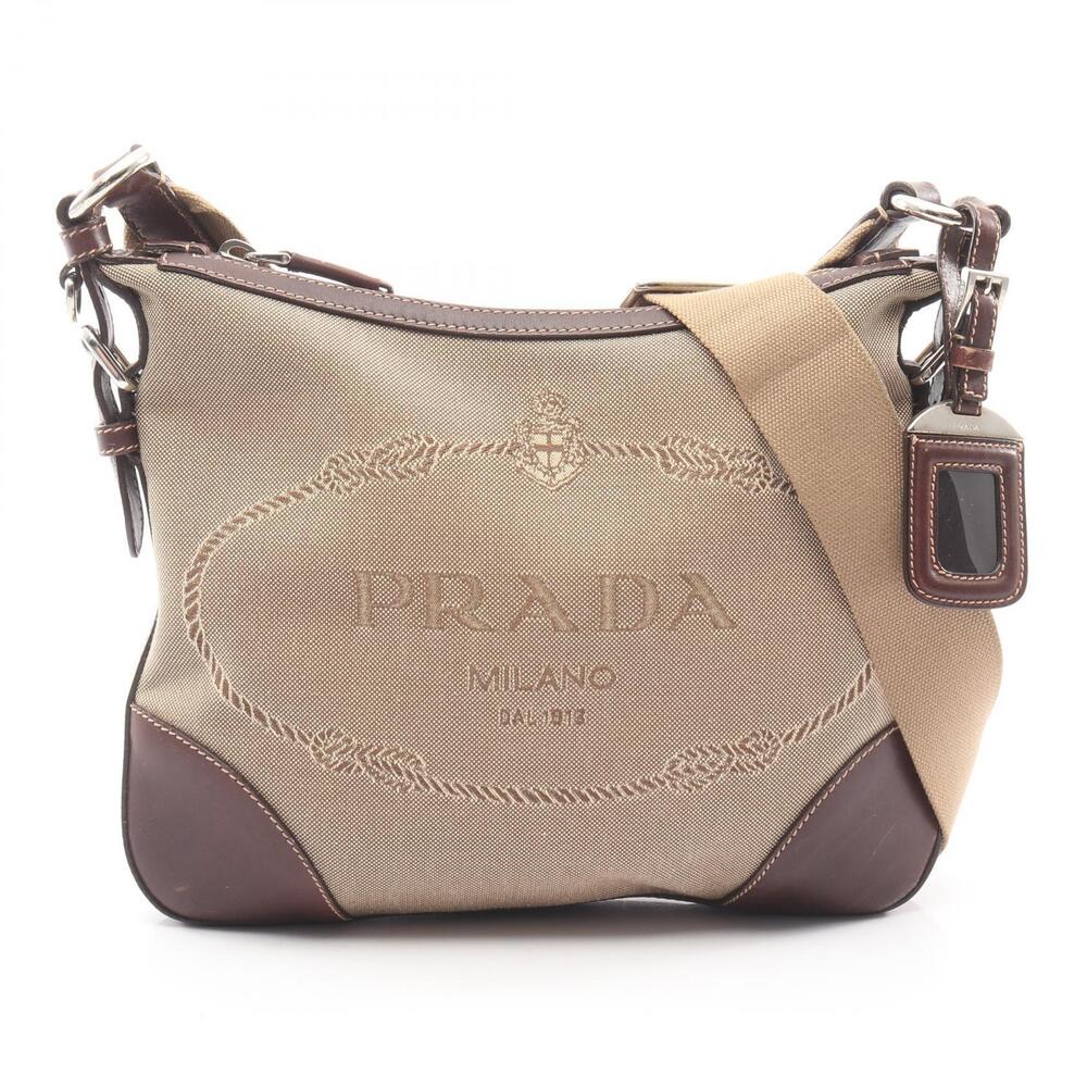 Prada Jacquard Canvas Leather Shoulder Bag Beige Brown Tan